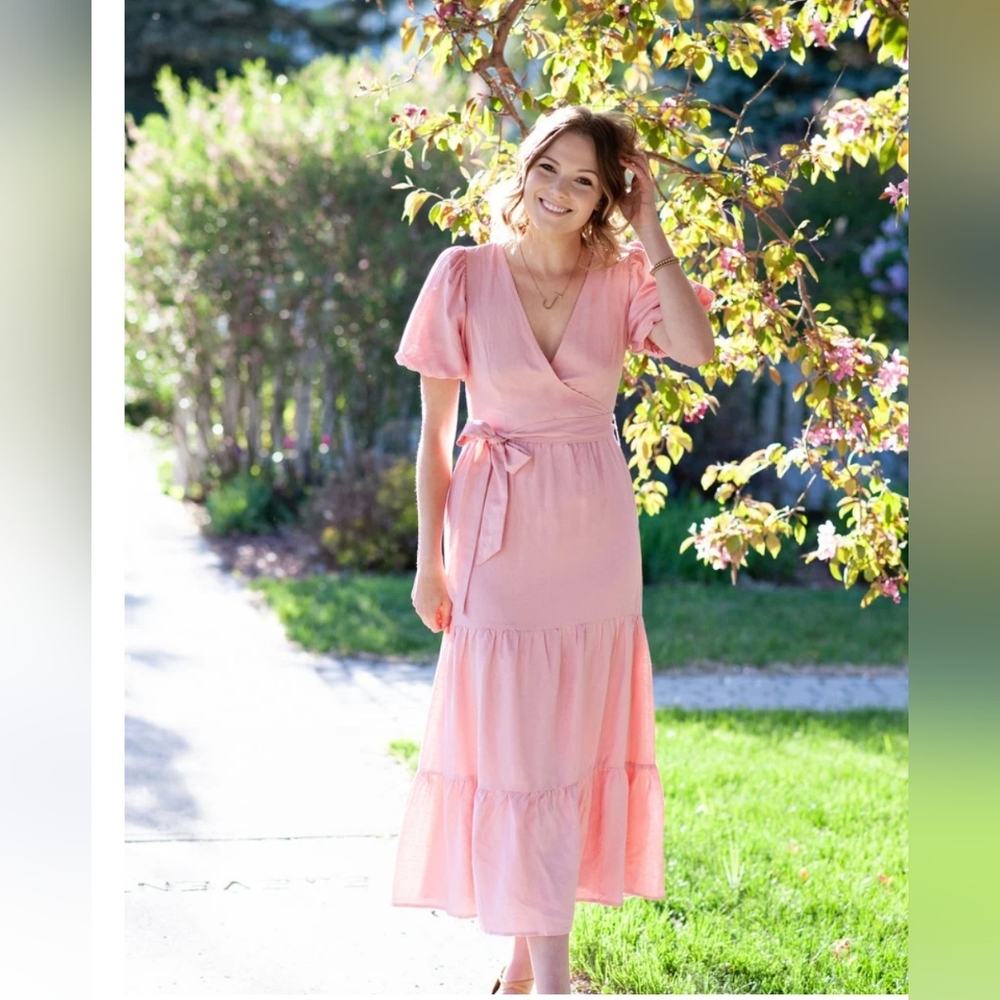 NWT MADISON THE LABEL S Lucinda Dress pink linen blend maxi Cottagecore Romantic